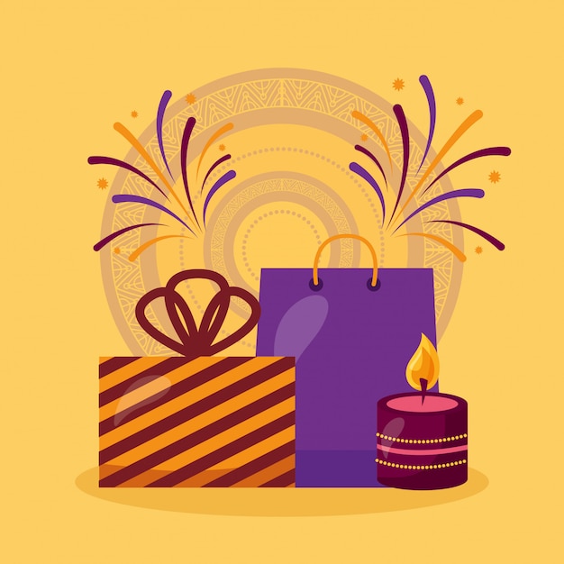 Free vector happy diwali card with gifts and candles celebration