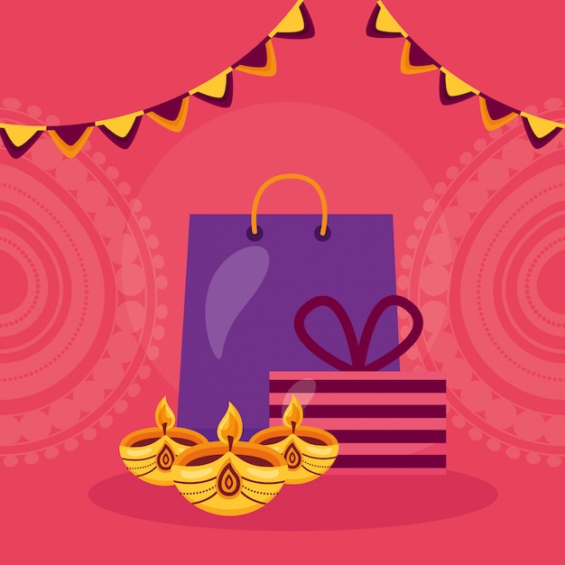 Free vector happy diwali card with shopping bag and candles