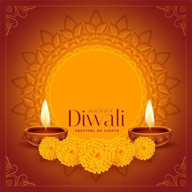 Diwali felice diya decorativo e sfondo di fiori