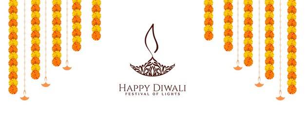 Happy Diwali festival banner design with flowers vector