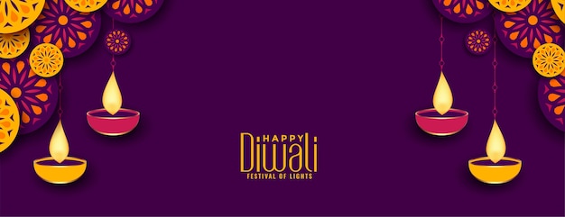 Free vector happy diwali festival banner with diya decoration