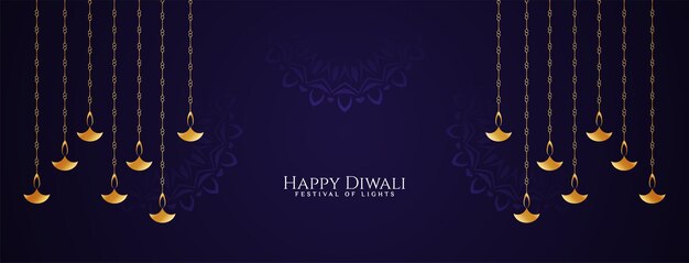 Happy Diwali festival banner with golden hanging lamps vector