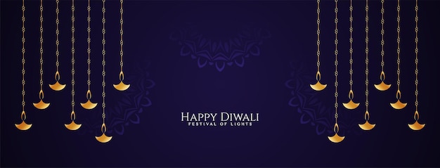 Happy Diwali festival banner with golden hanging lamps vector