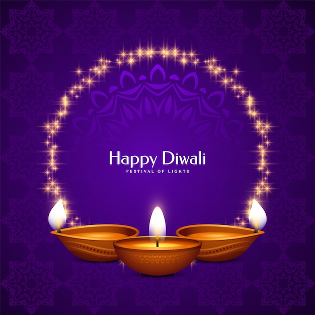 Бесплатное векторное изображение Фиолетовая поздравительная открытка счастливого фестиваля дивали с рамкой и свечами