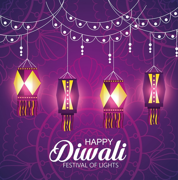 Happy diwali festival of lights with lanterns