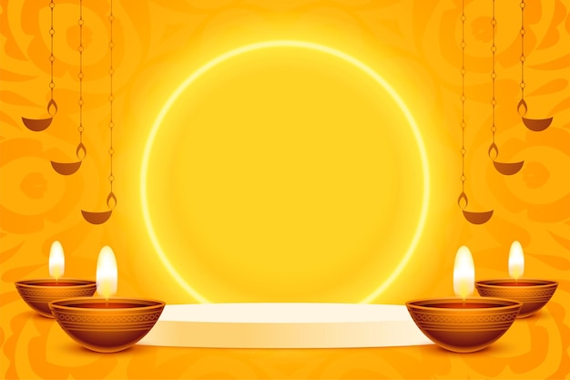 Free vector happy diwali festival poster with 3d podium and neon frame design