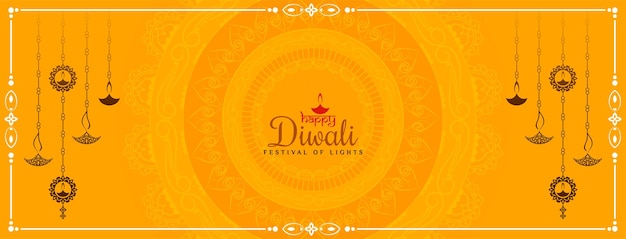 Happy diwali festival yellow banner with hanging lamps design