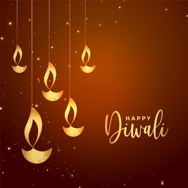 Free vector happy diwali golden diya on brown background