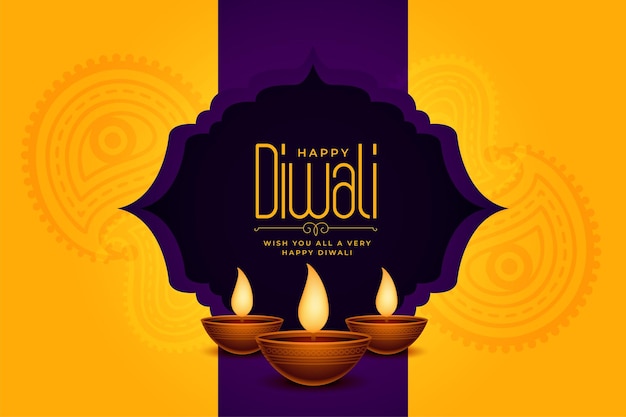 Vettore gratuito banner di saluto felice diwali con diya in sfondo paisley