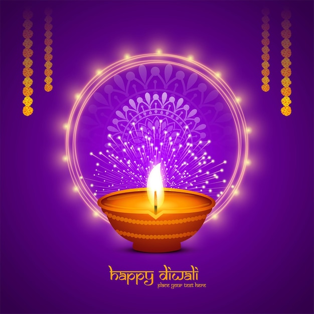 Free vector happy diwali greeting card with burning oil lamp festival background