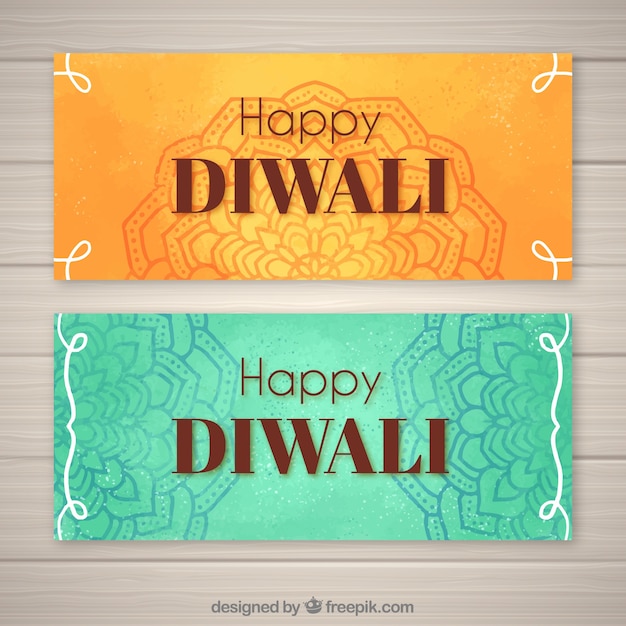 Vettore gratuito happy diwali banner disegnati a mano con mandalas