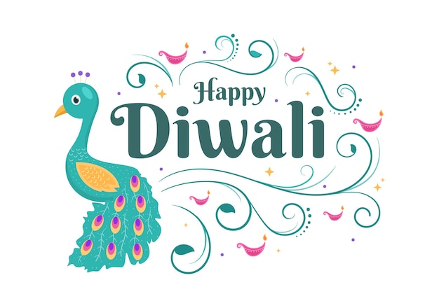 Happy diwali hindu festival background vector illustration with lanterns, lighting fireworks, peacock and mandala or rangoli art for poster, greeting card template
