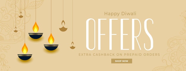 Vettore gratuito happy diwali offre banner con decorazioni diya