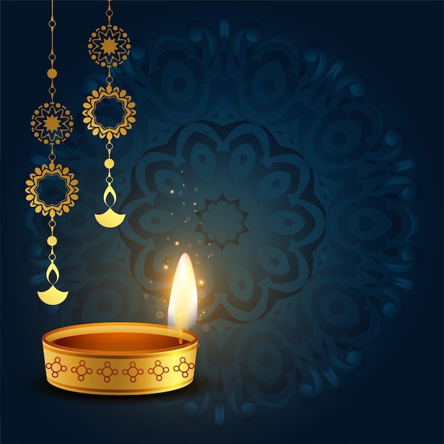 Felice poster di diwali con lanterna decorativa e diya su sfondo mandala stlye