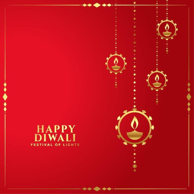 Cartellino rosso diwali felice con diya decorativo dorato