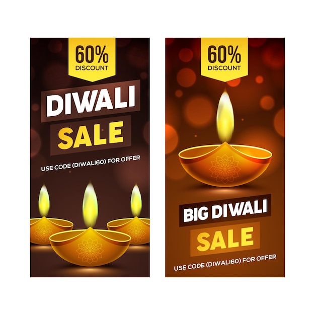 Happy diwali sale banner design with diya oil lamp elements on brown background bokeh effect