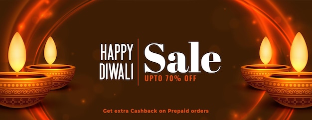 Happy diwali sale banner with glowing diya and lights design