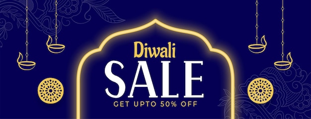 Happy diwali sale blue banner with neon frame