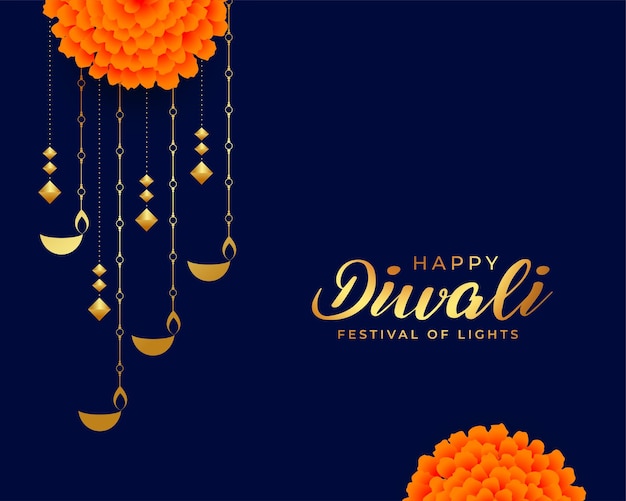 Free vector happy diwali vector design with floral and hanging diya