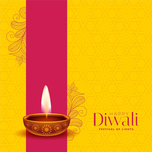 Happy diwali yellow background with diya and florals