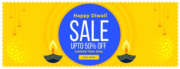 Free vector happy diwali yellow sale banner with artistic diya