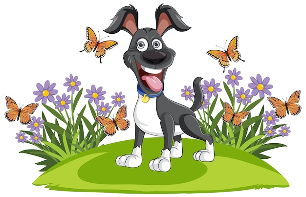 Free vector happy dog surrounded by butterflies