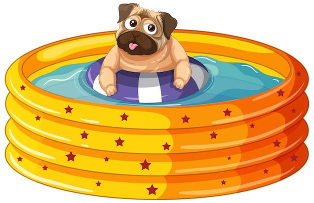 Un cane felice con anello di gomma in piscina gonfiabile su sfondo bianco
