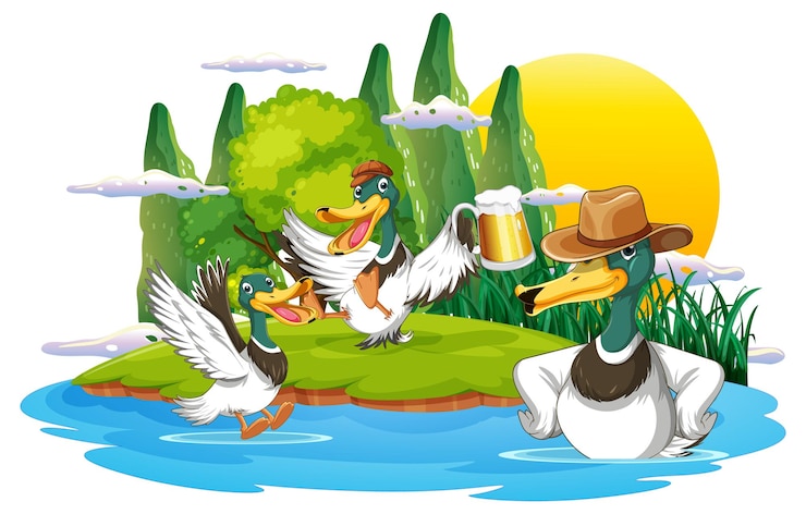 Free Vector happy duck group in nature scene