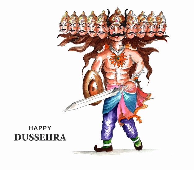 Felice festa di dussehra ravan con disegno ad acquerello