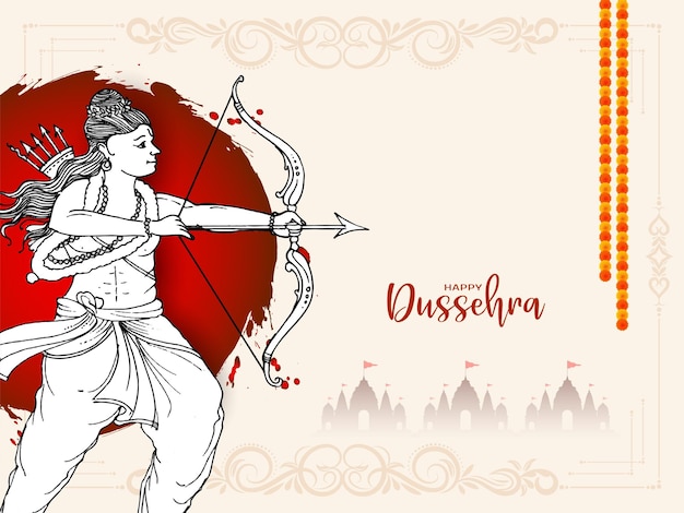 Happy Dussehra cultural festival celebration card with lord Rama killing ravana concept