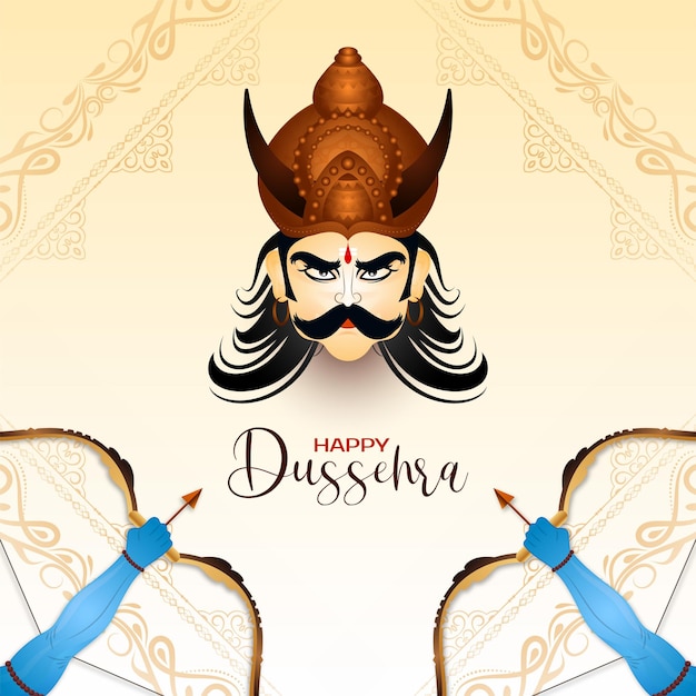 무료 벡터 ravana 얼굴 디자인이 있는 행복한 dussehra 축제 배경