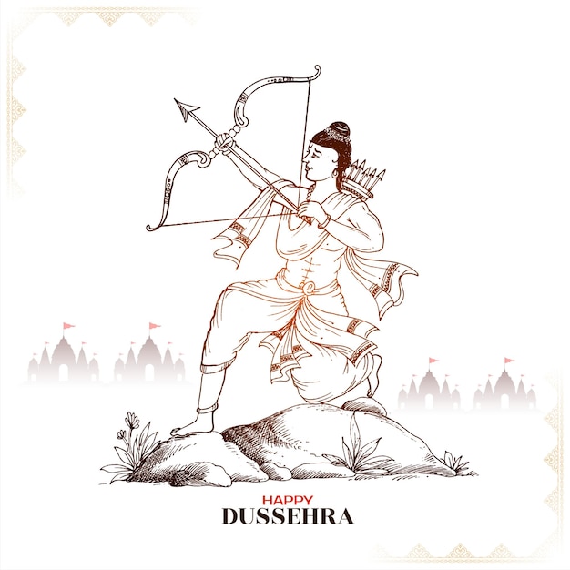 Happy dussehra festival greeting card with lord rama holding arrow and bow