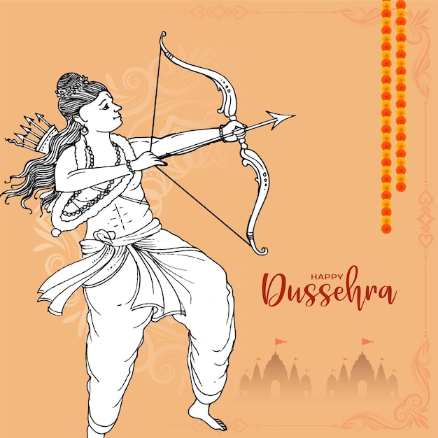 Free vector happy dussehra indian festival greeting card with lord rama aiming arrow