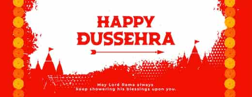 Free vector happy dussehra red banner with temples and flowers