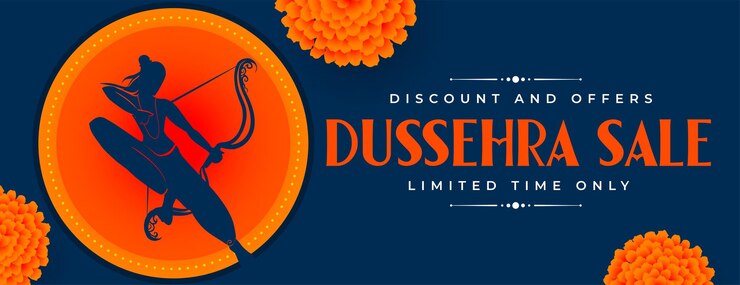 मुफ़्त वेक्टर happy dussehra sale banner with realistic flowers