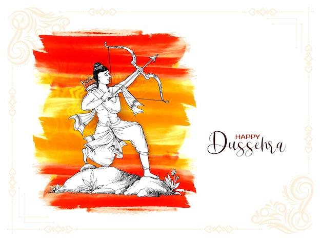 Carta del festival tradizionale di dussehra felice con la posa della tenuta dell'arco e della freccia del signore rama