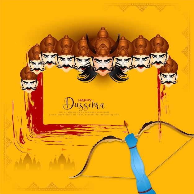 Желтая карточка традиционного индийского фестиваля Happy Dussehra с дизайном Раваны с десятью головами