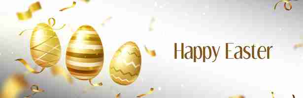 Free vector happy easter banner with gold eggs and confetti