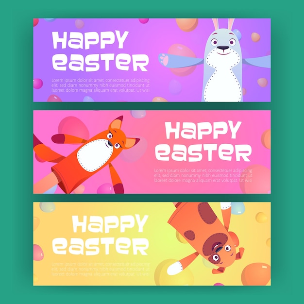 Free vector happy easter banners with funny puppet dolls set