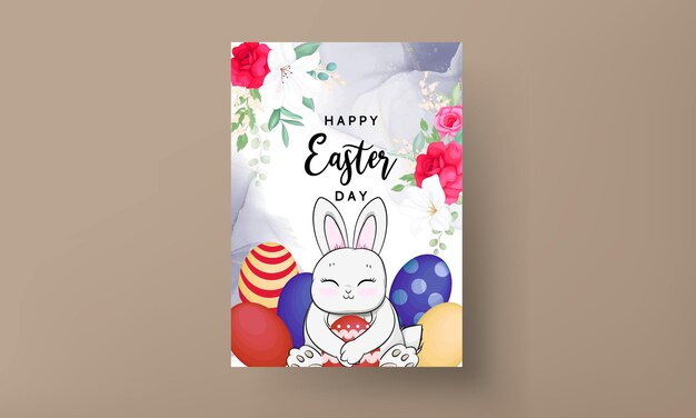 Happy Easter card with cute rabbit Easter egg and beautiful flowers