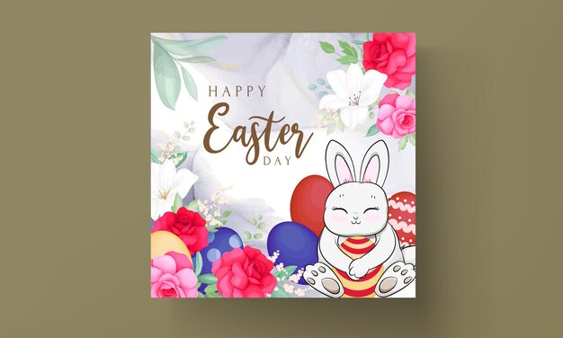 Vettore gratuito carta di buona pasqua con uovo di pasqua di coniglio carino e bellissimi fiori