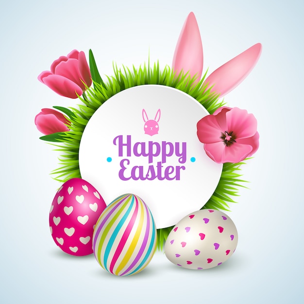 Free vector happy easter composition with traditional symbols colorful eggs rabbit ears and spring flowers realistic