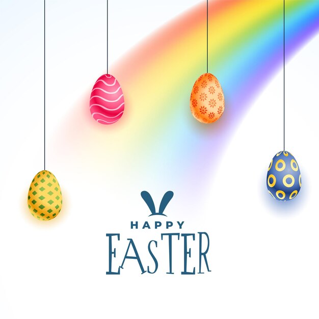 Поздравительная открытка счастливой пасхи с красочными яйцами и радугой
