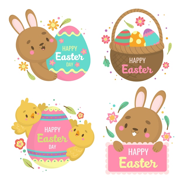 Free vector happy easter day label with brown rabbit