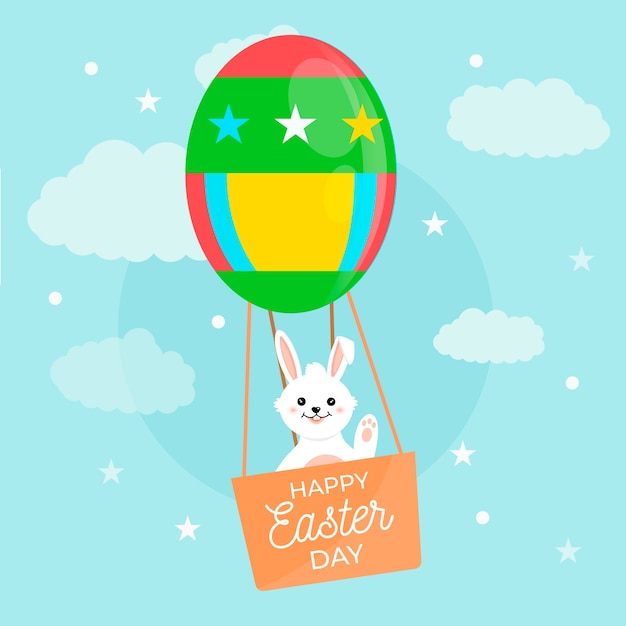 Free vector happy easter day with bunny in hot air balloon