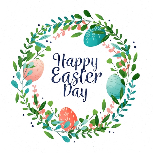 Happy easter day with colorful eggs and wreath