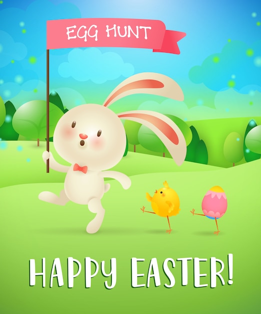 Happy easter, egg hunt lettering, bunny, chick, egg, landscape