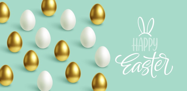 Happy Easter festive blue background with gold and white Easter eggs