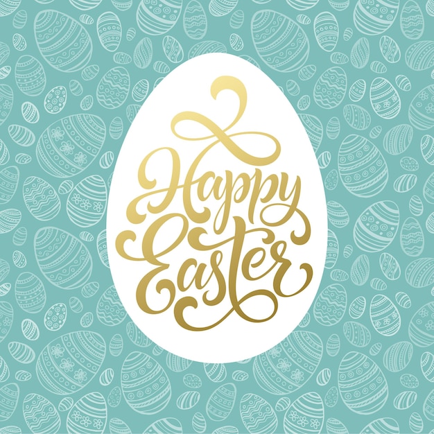 Happy easter golden lettering on seamless egg background.