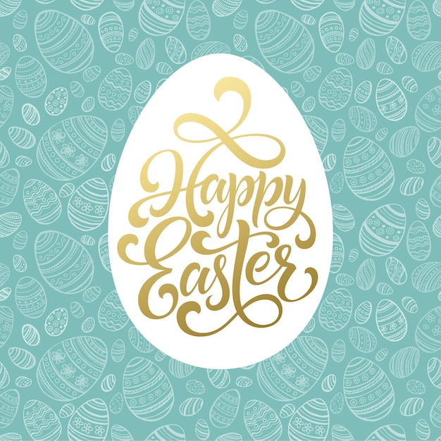 Happy Easter Golden lettering on seamless Egg background.